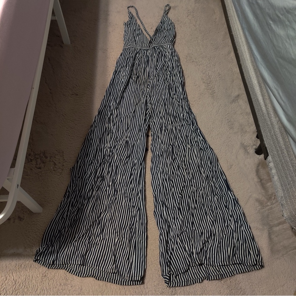 Faithfull the Brand Riley Black and White Maison Stripe Plunge Jumpsuit Halter - Picture 2 of 6
